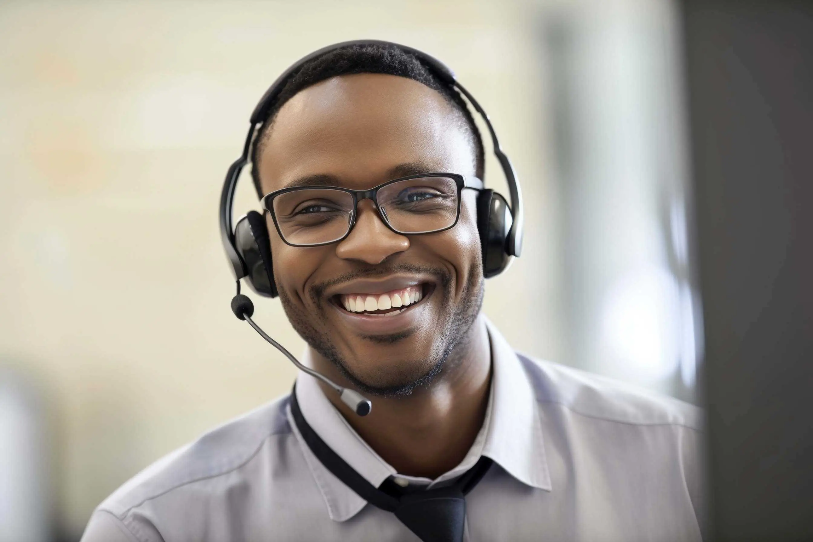 a happy salesman, smiling, with a headset on, representing a cold caller